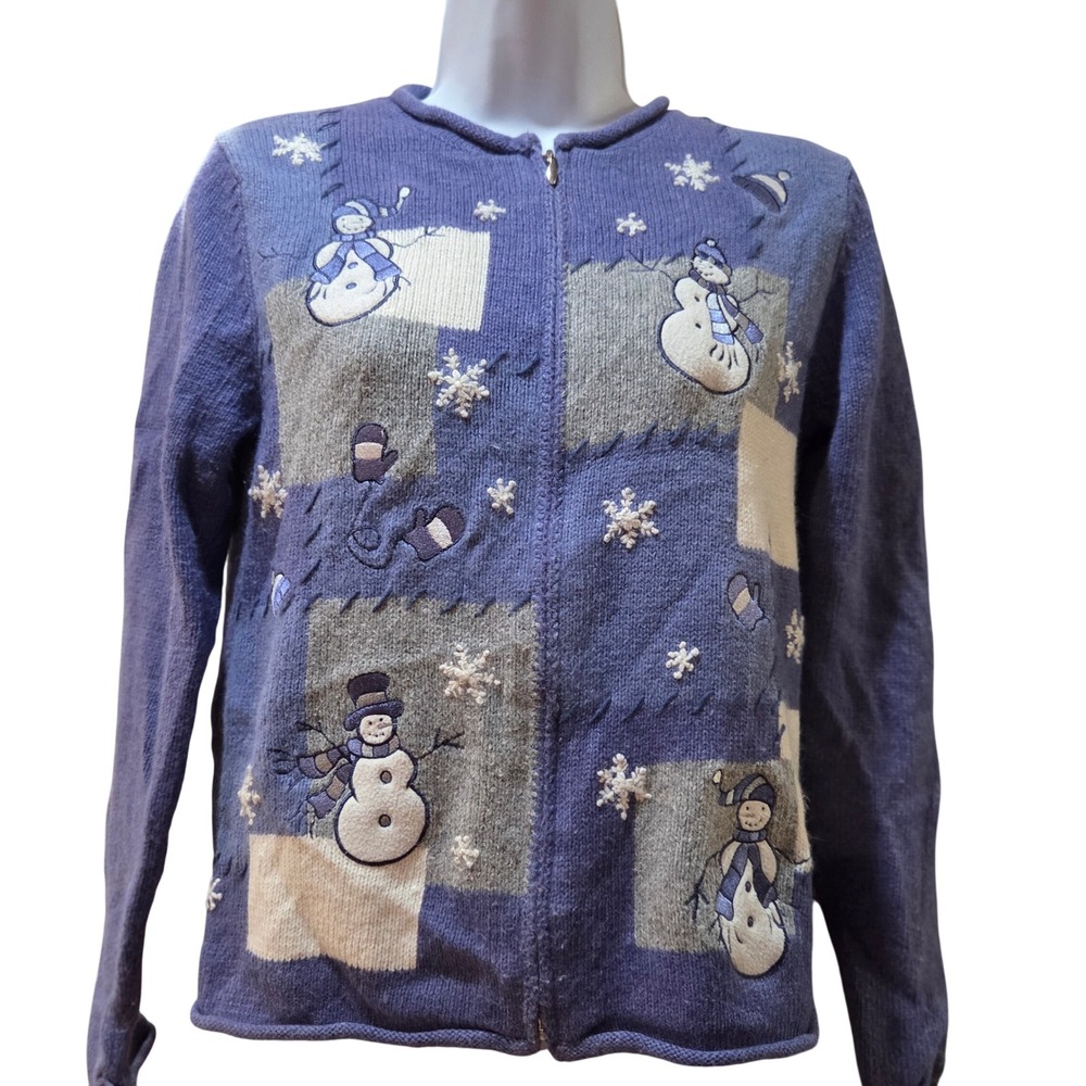 Croft & Barrow Snowman Patchwork Zip Cardigan Sweater Blue Petite Small PS